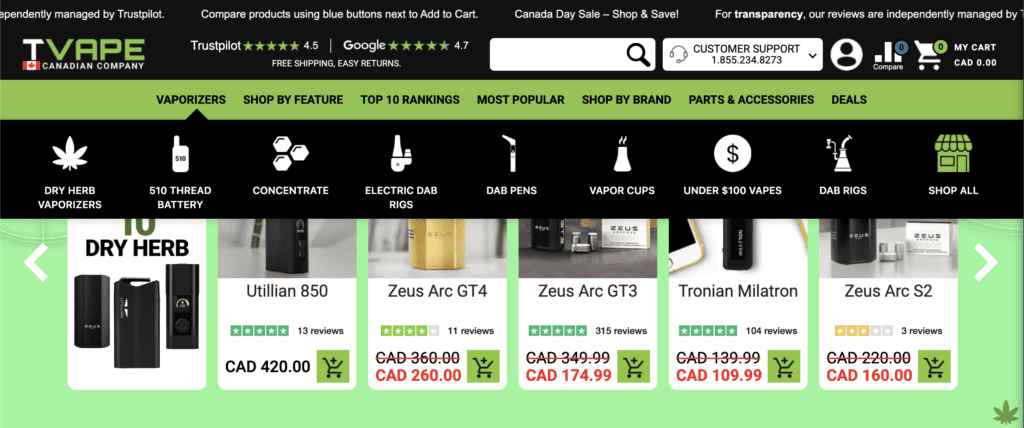 TVape online vaporizer retailer offering dry herb vaporizers in Canada